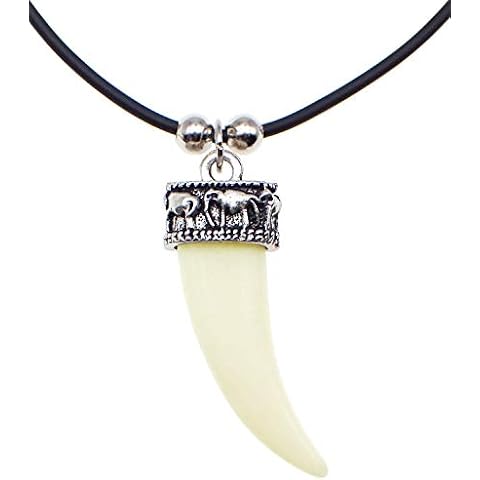 Bijoux de Ja Rhodium Plated Wolf Fang Elephant Crown Pendant Black Nylon String Necklace 16" with 2" Extender Chain Cover