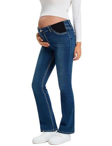 Leovqn Maternity Jeans for Women Pregnancy Bootcut Jeans Mid-Rise Flare Denim Maternity Pants with Pockets