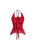 GORGLITTER Women's Fringe Flower Halter Tops Ruffle Mesh Asymmetrical Bow Sleeveless Open Back Going Out Concert Tops Red Medium