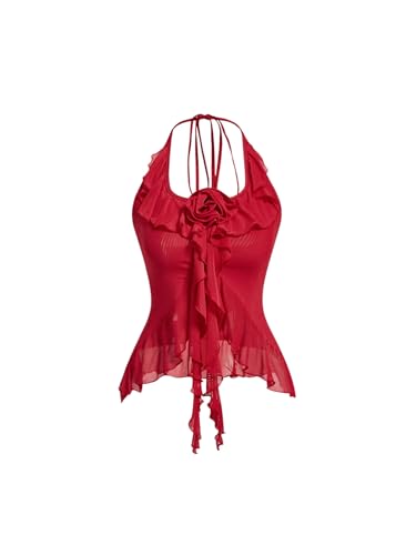 GORGLITTER Women's Fringe Flower Halter Tops Ruffle Mesh Asymmetrical Bow Sleeveless Open Back Going Out Concert Tops