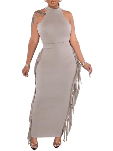 Image of 2 Piece Outfits for Women Sexy Halter Neck Sleeveless Crop Tops Ruched Bodycon Dresses Jumpsuits Fringe Skirt Sets
