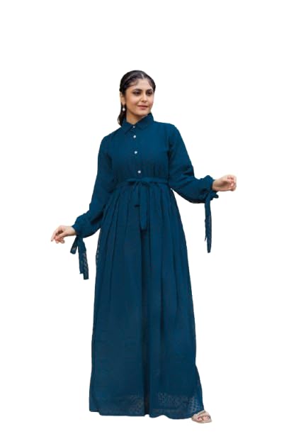 Blue Georgette Fabric with Crape Lining for no Transparency Front Button Open Pattern ShirtStyle Cuffs Balloon Sleeve Pattern Gown-image-4