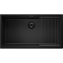 Fregadero 90 Fregadero Cocina 86x47 cm, Fregadero Granito Un Seno + enrollable escurridor + Sifón Clásico, Fregadero bajo encimera Prague 90 Level de Primagran, Todo Negro