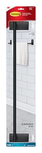 Command Bath Matte Black Towel Bar with Water Resistant Command Strips, Bathroom Organizer, 24 in Bar Length Holds up to 10 lbs