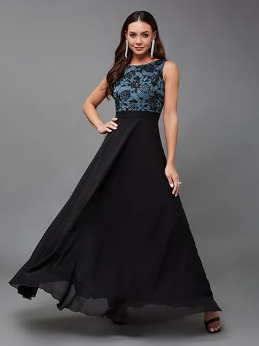 Image of Miss Chase Women's Round Neck Sleeveless Floral Lace Fit & Flare Maxi Dress