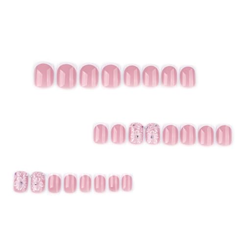 Image of Short Square Press on Nails White French Tip Fake Nails Flower Nail Press ons Glossy Full Cover Glue on Nails Reusable Artificial Acrylic Stick on Nail Nude False Nail for Women Manicure 24Pcs