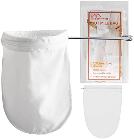 PanderHecop Fine Mesh Strainer Food Grade Easy to Clean Stainless Steel, Mesh Colander Cheesecloth Nut Milk Bag Hook Design for Kitchen Quinoa Tea Rice Coffee, L (2 Bags+1 Ring)…