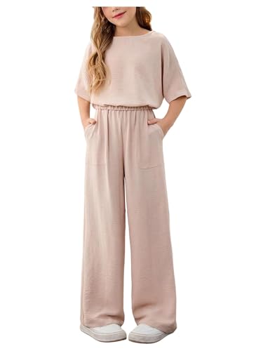 RoseSeek Girl's 2 Piece Casual Linen Summer Outfits Oversize Half Sleeve T Shirt and Wide Leg Pants Apricot 10 Years