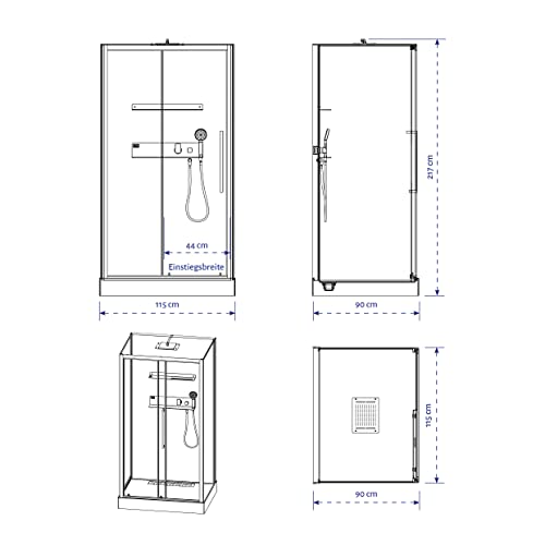 DE BESTE MARWELL Design complete douche White Isle 115 x 90 x 217 cm – met vooringang - douchecabine met hoogwaardige aluminium profielen - instaphoogte 15 cm -