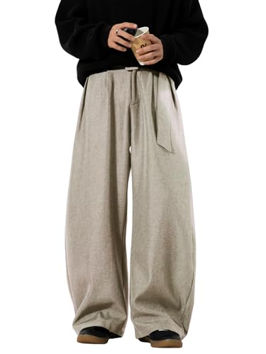 Mens Pleated Wide Leg Old Money Baggy Pants Casual Zipper Fly Pants Elastic Waist Loose Fit Fall Long Trousers with Pockets, Khaki, Medium