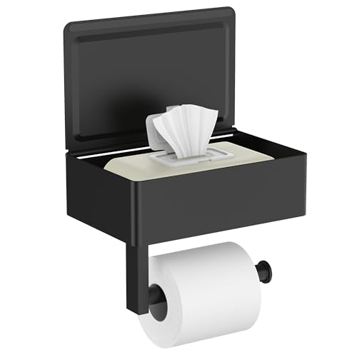 FORIOUS Toilet Paper Holder with Shelf Sanitary Napkin Receptacle Tampon Holder Wall Mount Toilet Paper Holder with Storage Flushable Wipes Dispenser Fits for Bathroom Commercial(1 Matte Black)