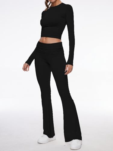Image of AnotherChill Women's Long Sleeve Top Foldover Flare Pants Lounge Set | 2 piece cropped shirt and slim flare trousers comfy loungewear, soft modal casual matching sets, travel airport outfits