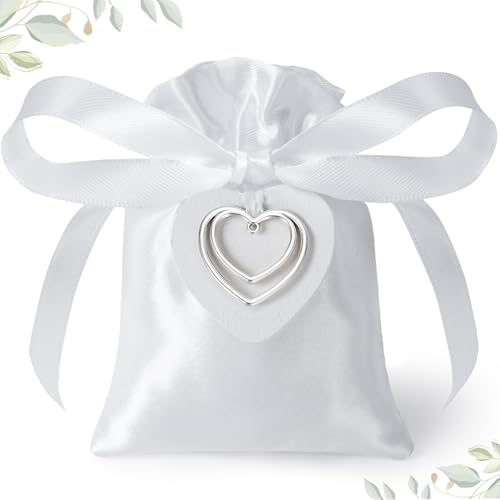 Sonekin 25 Pièces en Satin Boite Dragees Mariage, Contenant Dragées Mariage Avec Pendentif Cœur et Ruban(Blanc)