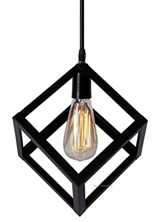 Image of JACKAL Metal 3 Set Vintage Cube Shape Pendant Light | Hanging Ceiling Light with Braided Cord | Decorative, Fancy Lights for Home, Living Room, Cafe, Restaurants & Bar (Black) - (with Bulb)