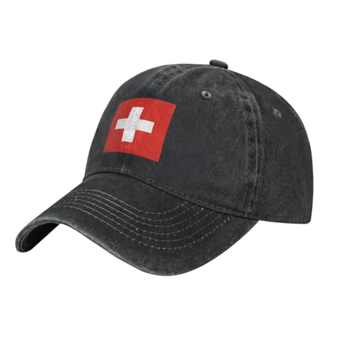 WHJSHOP Gorra de béisbol negra con estampado de bandera suiza, gorra de algodón ajustable para hombres y mujeres, transpirable y elegante, Negro, Talla única