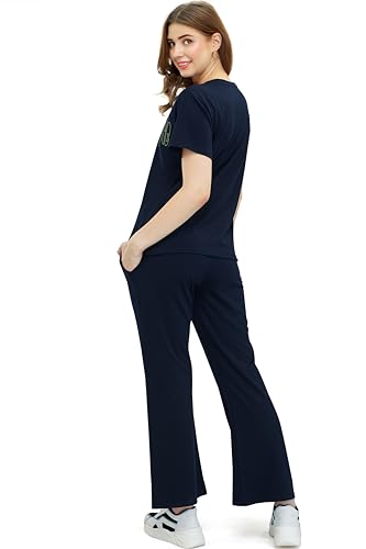 Image of ZEYO Women's Cotton Typography Wide Bottom Night Suit Set of Top & Pajama Set