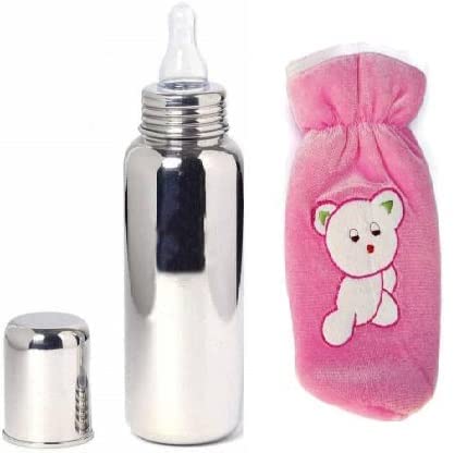 TRIKUTA® Stainless Steel Baby Feeding Bottle for Milk and Drinks with Silicon Nipple with Cover, 240 ML for One Month Baby and Above, No Leakage No Plastic BPA Free Bottle._M2
