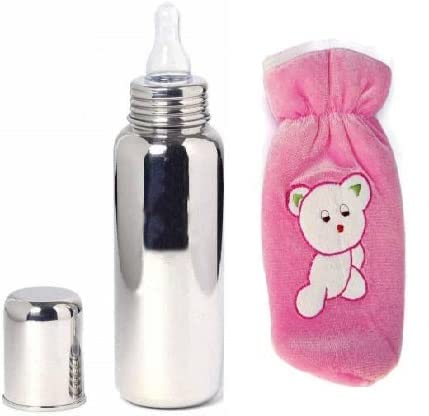 TRIKUTA Stainless Steel Baby Feeding Bottle for Milk and Drinks with Silicon Nipple with Cover, 240 ML for One Month Baby and Above, No Leakage No Plastic BPA Free Bottle._M2