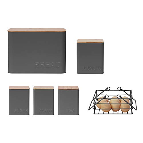 6PC Rectangular Kitchen Storage Set: Bread Bin, Biscuit Tin, Egg Basket and Tea, Coffee & Sugar Canister Set - Matt Slate Grey - Embossed Lettering Design.