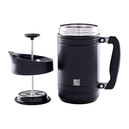 BruTrek Basecamp Coffee Press - Insulated Stainless Steel - Bru-Stop Technology, No Grounds in Coffee, No Spill Lid (Obsidian, 32 fl.oz)