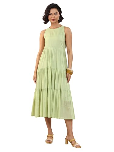 Image of Libas Solid Cotton Fit and Flare Dress for Women