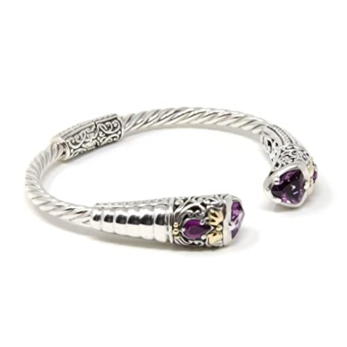 Bali Lotus Flower Gemstone Hinged Cuff Bracelet, 6.75", 925 Sterling Silver, 18K Yellow Gold & Amethyst #TOP1
