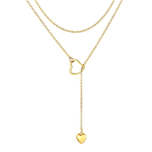 ChainsPro Halskette Damen Lariat Lange Halskette mit Anhänger Stab/Herz 73/80cm Y-Halskette Collier Edelstahl/18k vergoldet/schwarz Modeschmuck Accessoire für V-Ausschnitt Pullover Kleid