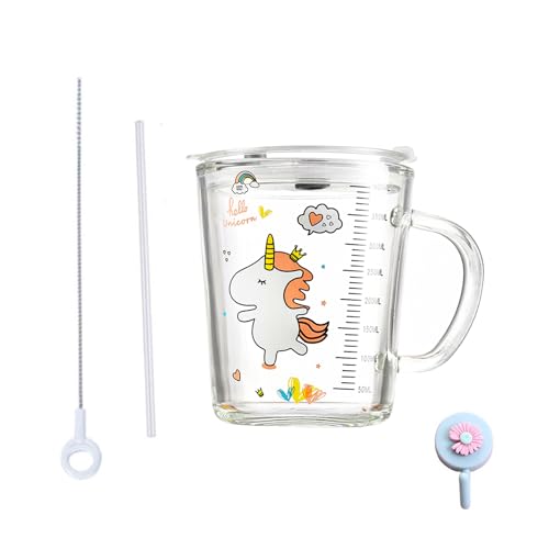 Xfeyaqlo Tazas para Niños Medición, Taza de Leche Niños con Pajita, Vaso Leche con Tapa Niños, Resistente al calor para jugo de leche para microondas, 400ml (caballo)