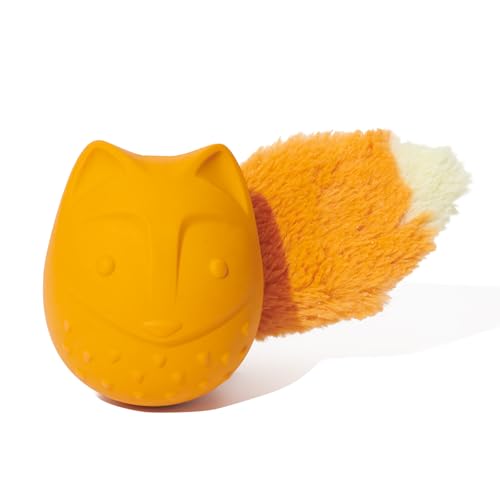 Image of BarkBox Franz The Fox Dog Toy | Natural Rubber, Bacon Scented, Thrashy Tail & Wacky Bounce | Dog Toy for Aggressive Chewers