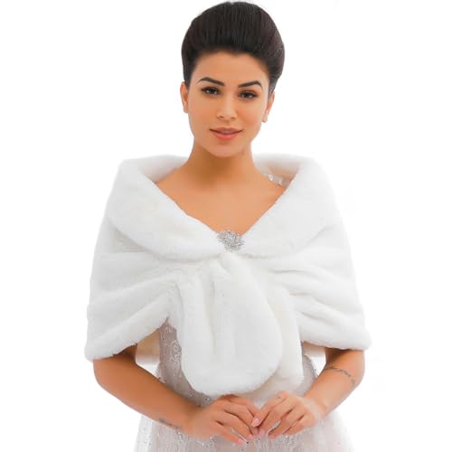 Evlry   Chal de novia de piel sintética para mujer, perfecto para bodas, con estola de piel y envoltura de chal para mujer, blanco, L
