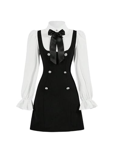 Floerns Girl's Bowknot Collar Patchwork Dress Long Sleeve A Line Short Graduation Dresses