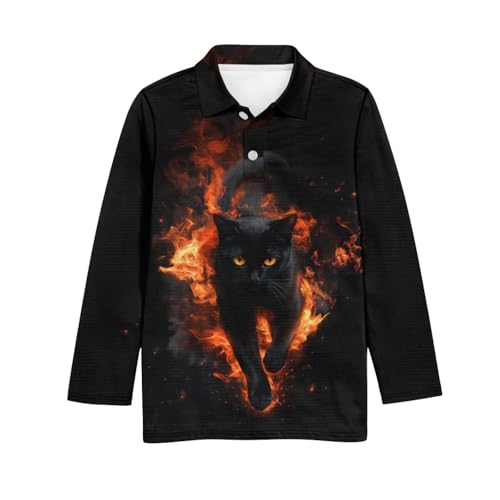 HUIACONG Black Cat Kids Golf Shirts for Age 9-10 Boys Flame Under Shirts for Elementary Children Cool Sweatshirts for 4Th 5Th Girls Undershirts