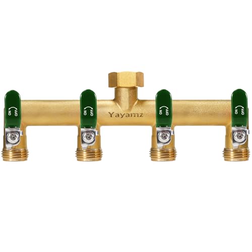Yayamz Garden Hose Splitter, 3/4” Rust and Freeze Resistant Outdoor Hose Manifold with 4 green Extra Long Handles Faucet Adapter-Heavy Duty Brass 4-Way Valve