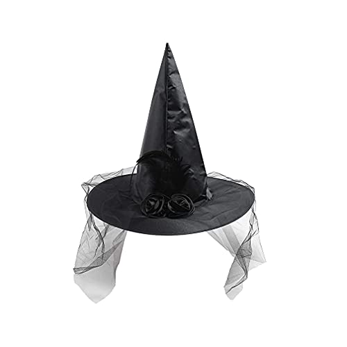 Folklyzo - Halloween Witch Hat-Lace Mesh Rose Flower Witch Hat for Adult Children Halloween Cosplay Masquerade Costume Accessory(Black)