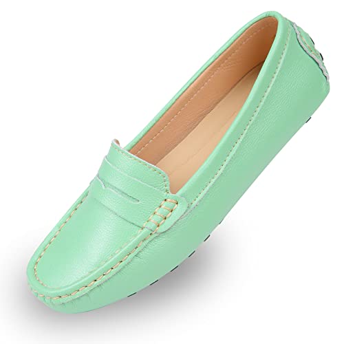 Heydonic Women's Loafers Moccasins Soft Casual Walking Driving Ladies Office Penny Flats Boat Shoes Women Slip On Comfortable Leather Light Green Size 7 #TOP6
