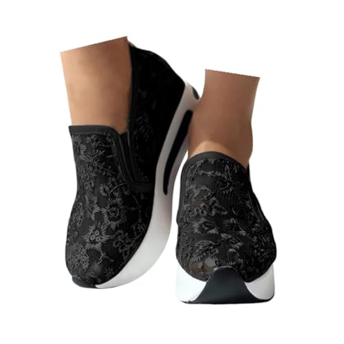 Platform Wedge Floral Women's Fashion Sneakers Breathable Walking Shoes Mesh Slip On Sneakers Women Casual Embroidery Sneakers Comfort Work Shoes Outdoor Travel Hidden High Heels Shoes