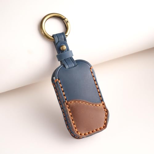 Image of keyzone Dual Leather Key Cover fit for Kia Carens Clavis, Seltos, Sonet 2023 Facelift Carens 4 Button smart Key (Blue-Brown)