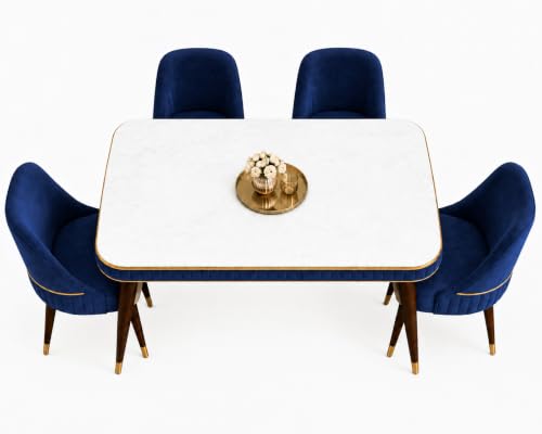 Image of WOODEN SPACE Majestic 4 Seater Wooden Dining Table Set | Urban Marble Top Dining Table with Chairs for Dining Room & Kitchen (Navy Blue Modern Grand Aura) (54 x 36 x 30 inch)