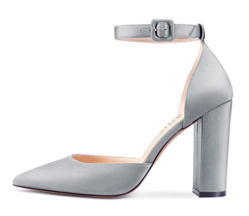 HEUIVZAR Women Pumps Pointed Toe Block Chunky High Heel Ankle Strap Two-Piece Dress Shoes Classic Wedding Satin 4 Inch2