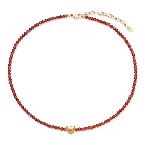 COAI Collar de Mujer de Cornalina Roja, Collar con Dije de Corazón y Cierre Ajustable