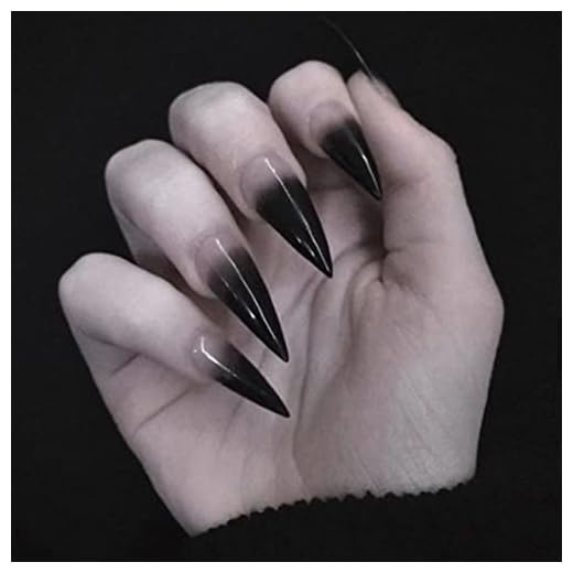 SINHOT Stiletto Press on Nails Extra Long Fake Nails with Glue Glossy False Nails with Black Gradient Designs Full Cover Almond Acrylic Nails 24pcs