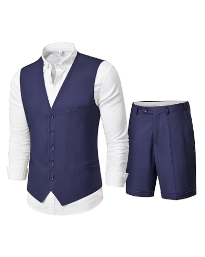 MY'S Men’s 2-Piece Linen Vest Pants, Lightweight Waistcoat Shorts, Casual Beach Summer Wedding Prom Homecoming Outfit