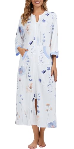Image of Zipper Robes for Women 3 /4 Sleeve Housecoats Long Lightweight Bathrobe House Dress with Pockets