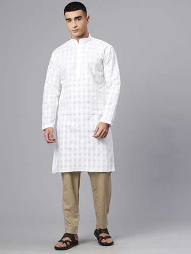 Image of Majestic Man Men's Pure Cotton Textured Check Mandarin Collar Long Kurta