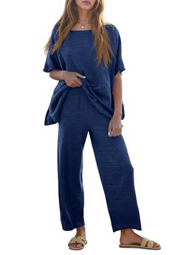 Tankaneo Women's 2 Piece Travel Outfits Casual Short Sleeve Knit