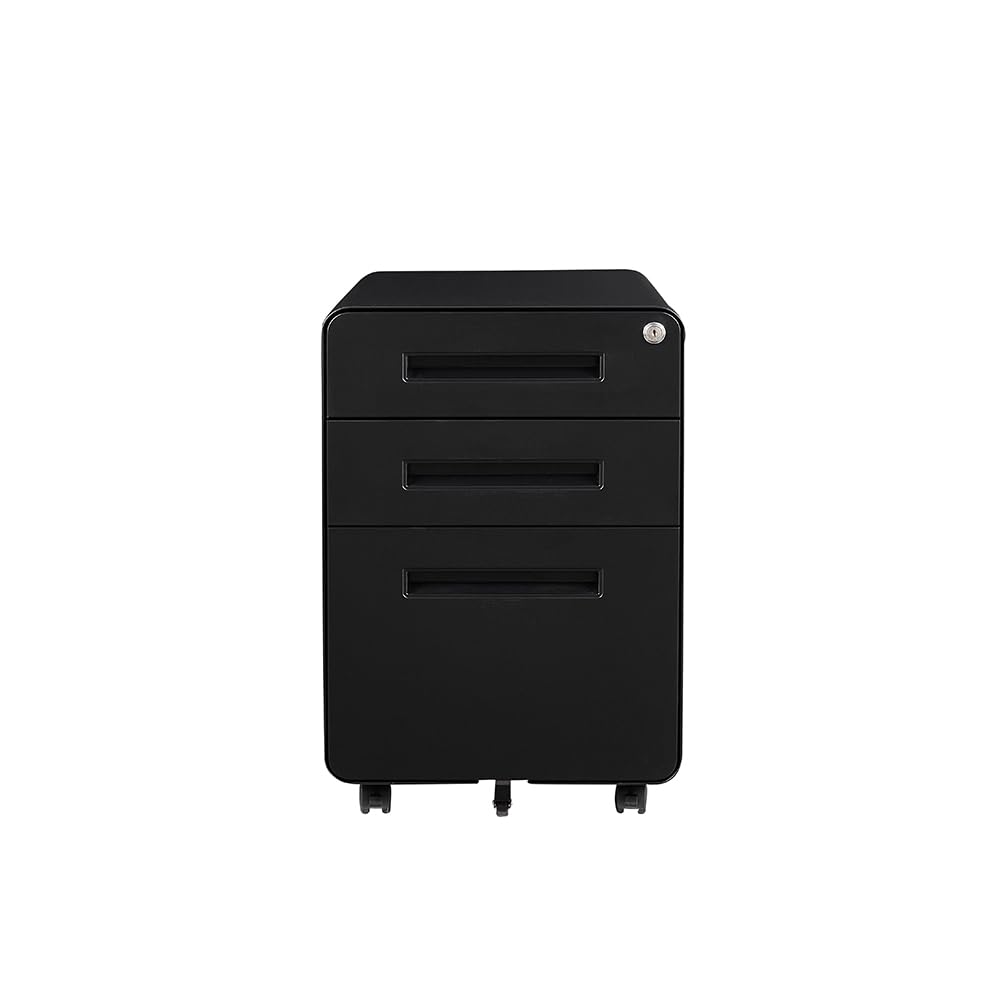 prowork Casey Home Office Cabinet Drawers, Metal Mobile Drawer Pedestal, Both Classy and Functional, Fitted With 3 Utility Drawers of Different Sizes - Black (Black)