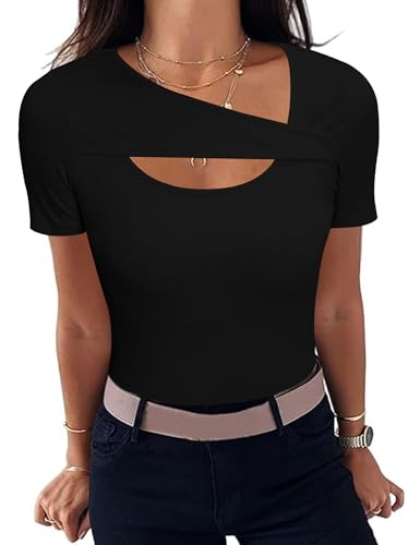 Aottori Damen T-Shirt Asymmetrischer Ausschnitt Stretch Tee Shirts Kurzarm...