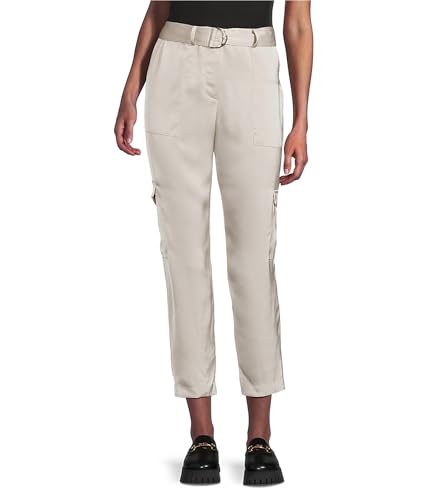 Calvin Klein Womens Satin Belted Casual Cargo Pants, Beige, 14