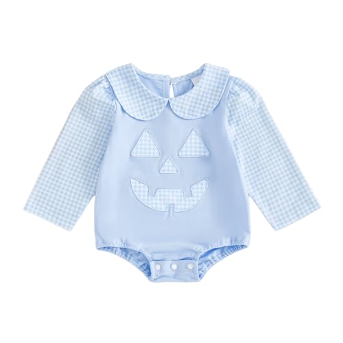 Infant Baby Boy Girl Halloween Outfit Puff Sleeve Peter Pan Collar Pumpkin Print Bubble Romper Fall Bodysuit
