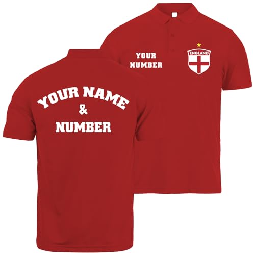 lepni.me Mens England Football Polo Shirt with Your Name and Number | English Flag Badge Personalised Jersey Custom Top | World Cup 2022 Championship (L Red Multi Color)